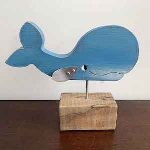 Small Handmade Desktop Blue Wooden Baleen Whale, Rustic Seaside Nautical Folk Art, Coastal Art Sculpture, Beach House Decor