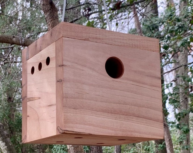 Einzigartiges handgefertigtes hängendes Ambrosia Ahorn Chickadee Cube Vogelhaus, voll funktionsfähiger moderner Nistkasten, niedliches minimalistisches rustikales Design