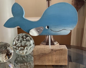 Small Handmade Desktop Blue Wooden Baleen Whale, Rustic Seaside Nautical Folk Art, Coastal Art Sculpture, Beach House Decor