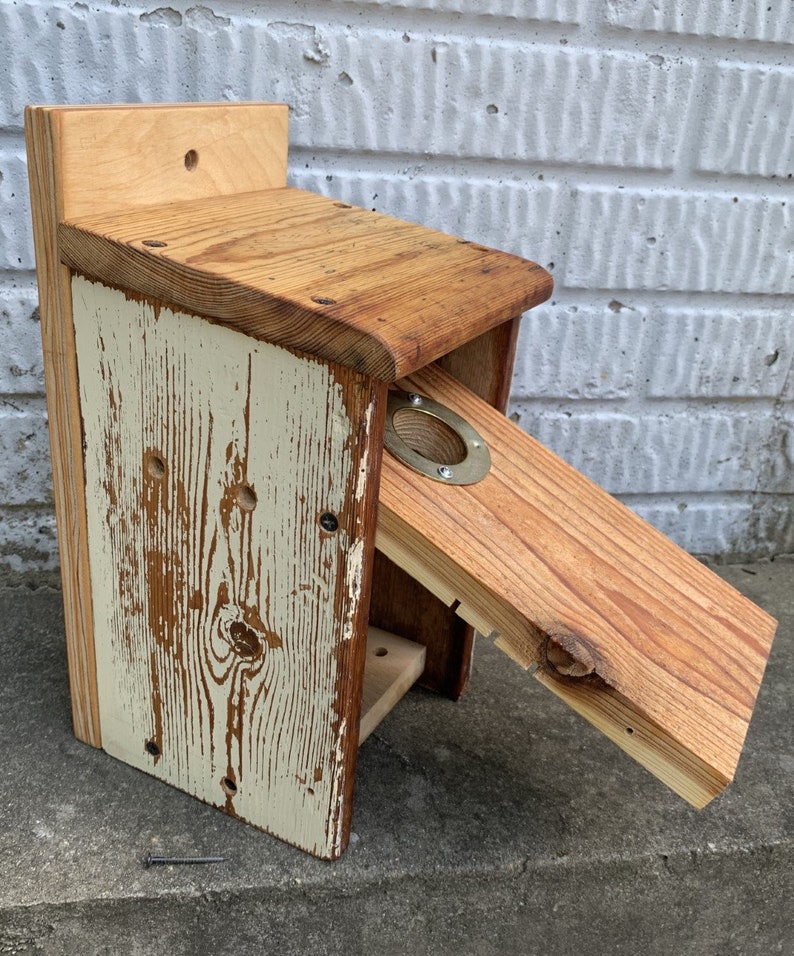 Medium-Sized Rustic Handmade Rough Timber Cedar and Recycled Farm Table Wood Outdoors Bluebird Nesting Box with Portal Protector