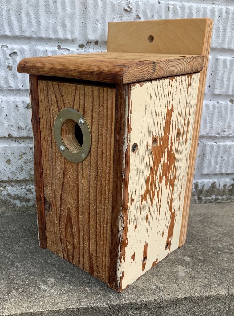 Medium-Sized Rustic Handmade Rough Timber Cedar and Recycled Farm Table Wood Outdoors Bluebird Nesting Box with Portal Protector