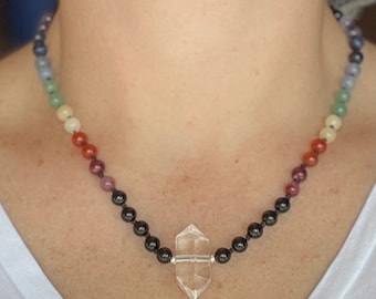 Rainbow 7 Chakra Gemstone Choker Necklace, Clear Quartz Healing Stone, Unisex Pride Jewelry