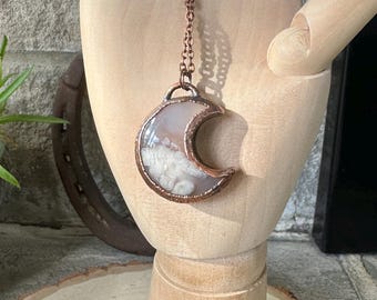 Copper Electroform Flower Agate Crystal Moon Necklace, Unisex Crescent Moon Pendant