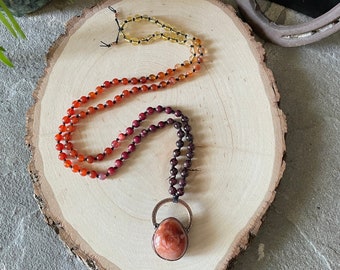 Carnelian Crystal Mala Necklace, Garnet, Fire Agate, Citrine, Electroformed Pendant