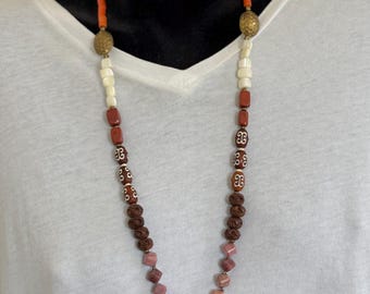 Rhodonite, Tibetan Agate, Red Jasper & Natural Coral Long Healing Stone Crystal Beaded Necklace