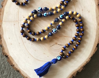 Wood Evil Eye Sodalite Mala, 108 Bead Mala, Wood Bead Necklace, Yoga/Meditation Mala, Tassel Necklace, Wooden Mala, Yoga Gift, Mens Mala