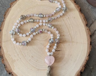 Rose Quartz Mala Necklace, Vintage Lampwork Glass, Heart Guru Bead