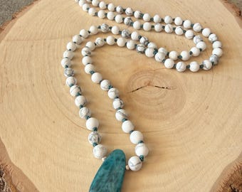 Handmade Healing Stone 108 Bead Crystal Mala Necklace, Blue Apatite, White Howlite, Yoga/Meditation
