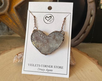 Electroformed Copper Druzy Agate Heart Necklace, Crystal Pendant