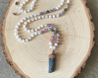 Kyanite, Amethyst, Rainbow Moonstone 108 Bead Mala Necklace