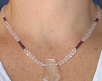 Clear Quartz and Garnet Beaded Choker Necklace, Healing Crystal