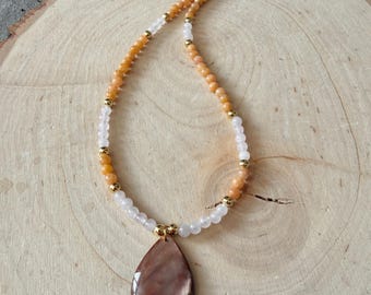Rose Quartz and Peach Aventurine Beaded Choker Necklace with Abalone Shell Pendant