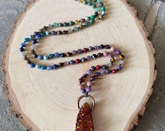 Electroform Citrine Mala Necklace, Mixed Crystal Beads, Gemstone Meditation Jewelry