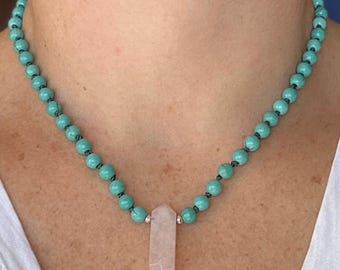 Rose Quartz Crystal Choker, Blue Magnesite Beaded Necklace, Healing Stones