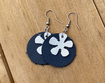 Blue & White Flower and Circle Shaped Genuine Leather Earrings Light weight Boho Farmhouse