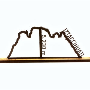 Könnte beinhalten: Schwarze Metallsilhouette einer Bergkette mit dem Namen "Iztaccihuatl" und der Höhe "5.230 m" darauf.