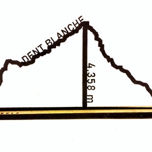 Może przedstawiać: Czarna sylwetka pasma górskiego z tekstem "DENT BLANCHE" i "4.358 m" na drewnianej podstawie.