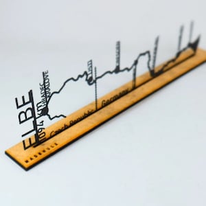 May include: A wooden model of the Elbe River, showing the river's path from its source in the Czech Republic to its mouth in the North Sea. The model is labeled with the river's name, "ELBE", and the cities of "MAGDEBURG", "1091 KM", "LIBADEC", "1097 KM", and "KRKONOSE".