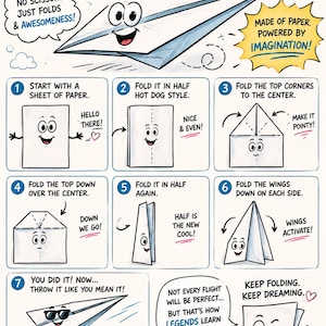 May include: An instructional infographic titled PAPER AIRPLANE Tiny Plane, HUGE Dreams! featuring a cartoon paper airplane and seven numbered steps for folding. The text includes instructions like Start with a sheet of paper and Fold it in half.