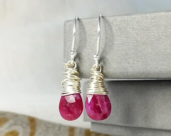 Ruby Earrings, July Birthstone Jewellery, Sterling Silver and Gemstone Short Drop Earrings
