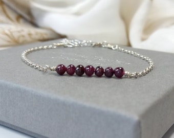 Red Garnet Gemstone Bracelet, Sterling Silver Adjustable Chain Bracelet, January Birthstone Gift, Birthday Jewellery