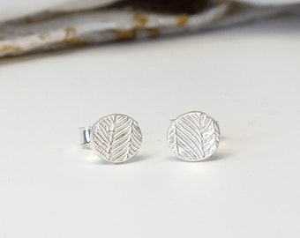 Small Silver Earrings, Round Feather Patterned Stud Earrings, Handmade Solid Silver Jewellery, Second Hole Studs