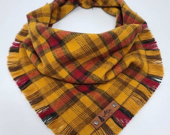 Dog Bandana "Fox Valley" in Gold and Red plaid Frayed Edges cotton flannel dog neck wear Dog Neckwear Dog clothes