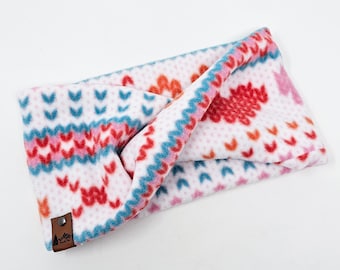 PET infinity Scarf "Faire Isle" FLEECE Twist Scarf in White, Red, and Blue Hearts Dog Cat neck wear BoHo style