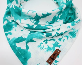 Dog Bandana "Secret Beach" in Green and White floral linen cotton blend neckwear Pet bandana