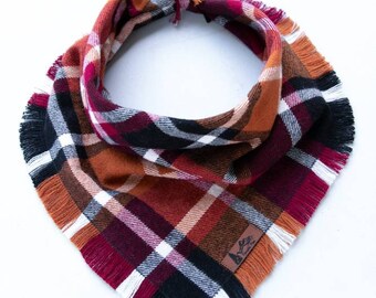 Dog Bandana "Wonder" in Orange, Pink and Black plaid Frayed Edges cotton flannel dog neck wear Dog Neckwear Dog clothes