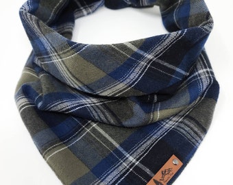 Dog Bandana "Baker" Black, Blue and Olive plaid cotton flannel dog neck wear Dog clothes BoHo style