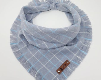 Dog Bandana "Crane" Gray, White and Blue windowpane plaid with Frayed Edges cotton flannel dog neck wear Dog Neckwear Dog clothes