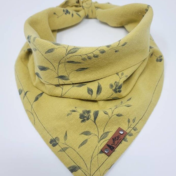 Dog Bandana "Wildflower" in mustard yellow and charcoal linen floral neckwear Pet bandana