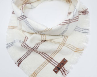 Dog Bandana "Jodee" Cream and Brown plaid with Frayed Edges cotton flannel dog neck wear pet Neckwear Cat clothes