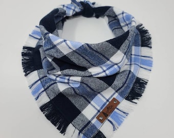 Dog Bandana "Winberry" in Blue, White and plaid Frayed Edges cotton flannel dog neck wear Dog Neckwear Dog clothes