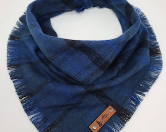 Dog Bandana "Detroit" Blue and Black plaid with Frayed Edges cotton flannel dog neck wear Dog Neckwear Dog clothes
