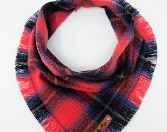 Dog Bandana "Lincoln City"  Red and Blue plaid with Frayed Edges cotton flannel dog neck wear Dog Neckwear Dog clothes