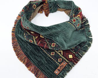 Pet Bandana "Chehalis" LIMITED EDITION Green and Gold Frayed Edges Tie On DOG scarf Cat BoHo style