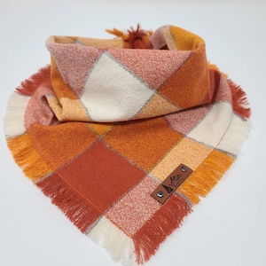 Pet Bandana "Yamhill" in Orange and White Buffalo plaid Frayed Edges cotton flannel dog neck wear Dog Neckwear Dog clothes