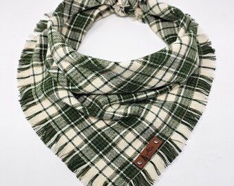 Pet Bandana "Garwood" Green and Cream plaid with Frayed Edges cotton flannel dog neckwear, Dog clothes