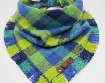 Dog Bandana "Anderson" Blue and Green buffalo plaid with Frayed Edges cotton flannel dog neck wear Dog Neckwear Dog clothes