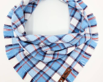 Dog Bandana "Brookings"  Blue and White plaid with Frayed Edges cotton SUMMER dog neck wear Cat accessory