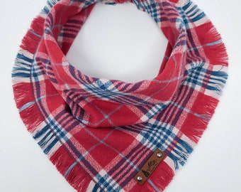 Dog Bandana "Keizer"  Red, Blue and White plaid with Frayed Edges cotton dog and cat style BoHo pet