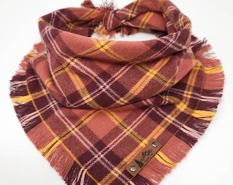 Dog Bandana "Kiger" Salmon, Brown and Gold plaid with Frayed Edges cotton flannel dog neck wear Dog Neckwear Dog clothes