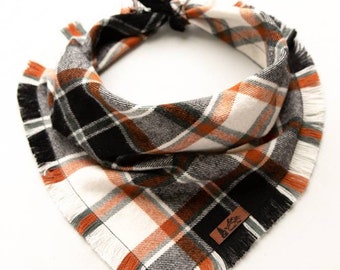 Dog Bandana "O'Brian" in Black, Orange and White plaid Frayed Edges cotton flannel dog neck wear Dog Neckwear Dog clothes