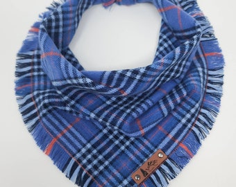 Pet Bandana "Twilight" Blue and orange plaid with Frayed Edges cotton BoHo Cat Dog Neckwear
