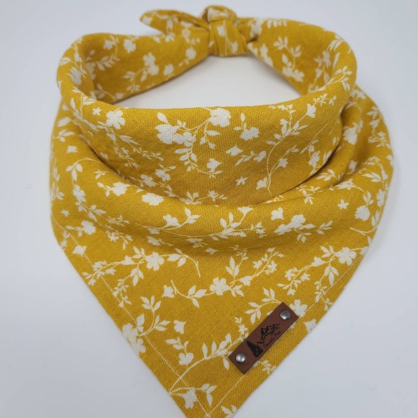 Dog Bandana "Sherwood" in Mustard Yellow with white floral design crisp linen neckwear Pet bandana