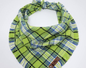 Dog Bandana "Hoodsport" Lime, and Blue plaid with Frayed Edges cotton flannel dog neck wear Dog Neckwear Dog clothes