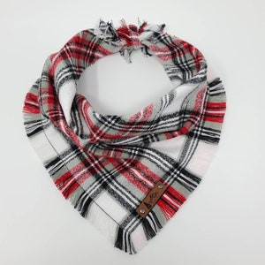 Dog Bandana "Summit" in White, Red and Sage plaid Frayed Edges cotton flannel dog neck wear Dog Neckwear Dog clothes