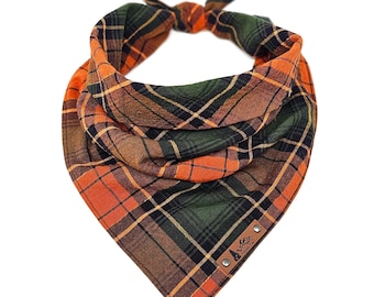 Pet Bandana "Seven Oaks" FALL Orange and Green Plaid cotton DOG CAT clothes BoHo style